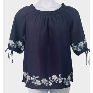 3/$20 NY Collection Sz M Peasant Top Navy with White Embroidery Smocked New